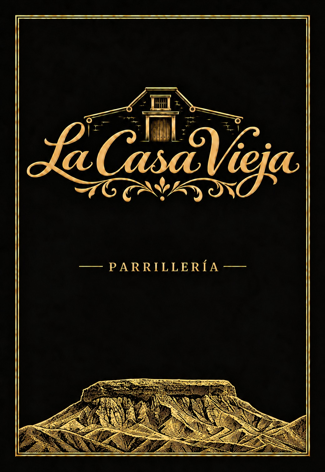 Portada de la carta de La Casa Vieja Parrillería: logo dorado y cerro sobre fondo negro