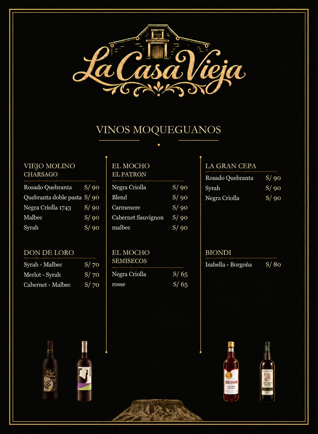 Carta de vinos: Viejo Molino Charsago S/90; El Mocho El Patrón S/90; La Gran Cepa S/90; Don de Loro S/70; El Mocho Semisecos S/65; Biondi S/80. Todas las variedades se pueden consultar en la web.