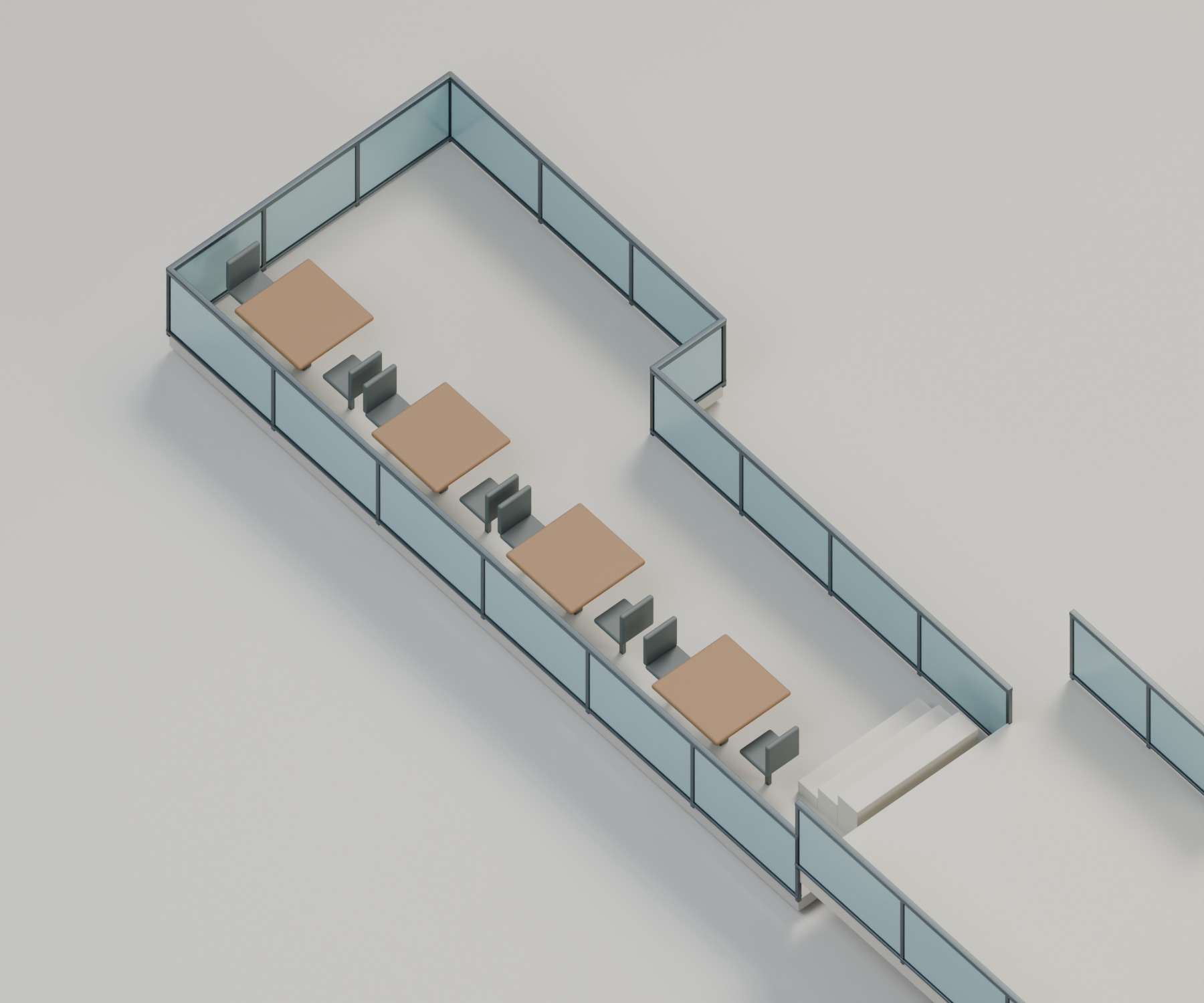 Cuatro mesas de terraza numeradas desde el fondo hasta el acceso, con dos sillas por mesa y barandas de metal y vidrio.